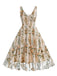 1950s Embroidered Floral V-Neck Swing Dress