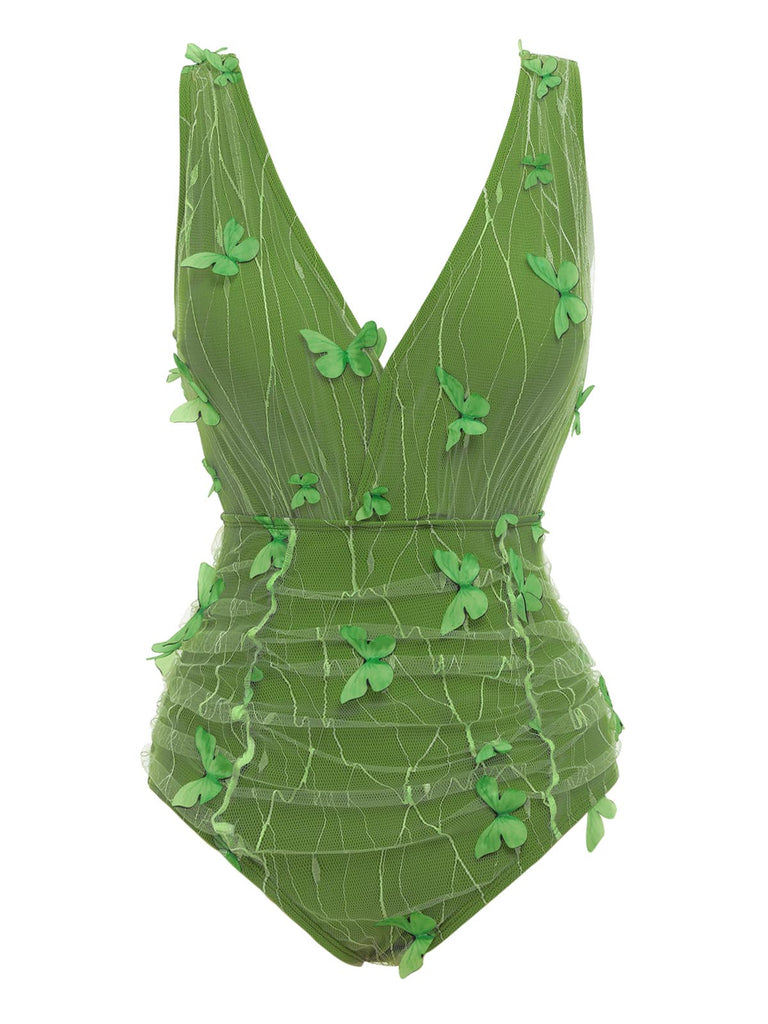 Maillot de bain vert 1960s papillon 3D dentelle patchwork