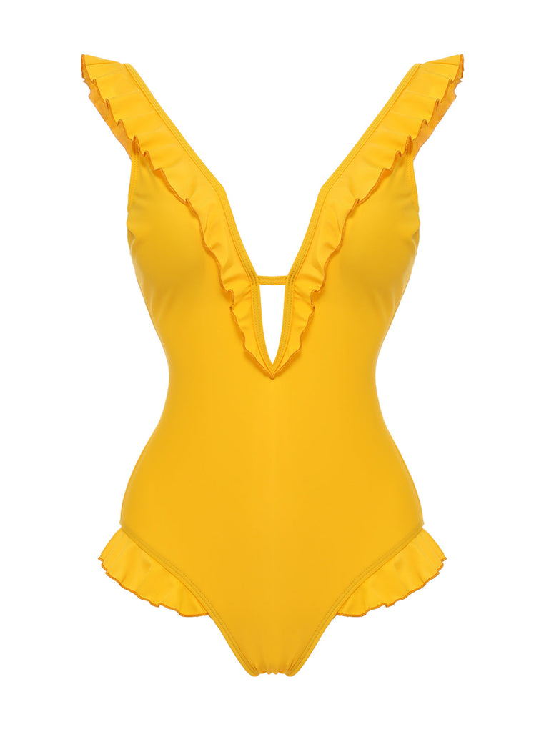 Maillot de Bain Une Pièce Col Plongeant Jaune