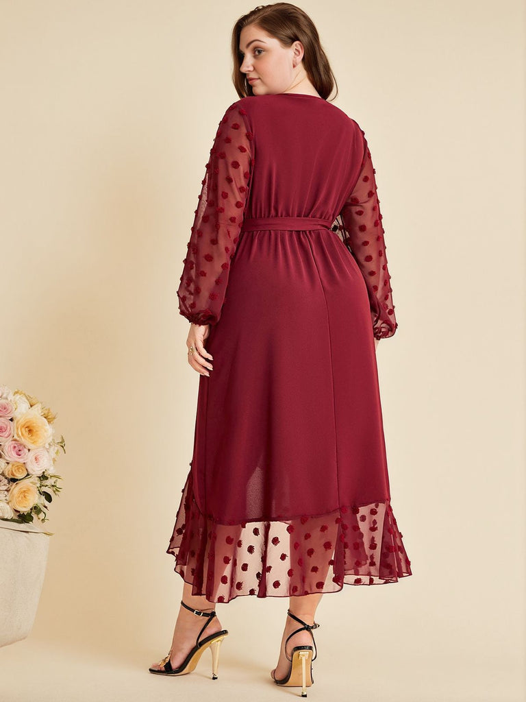 [Plus Size] Wine Red 1940s V-Neck Mesh Belted Dress