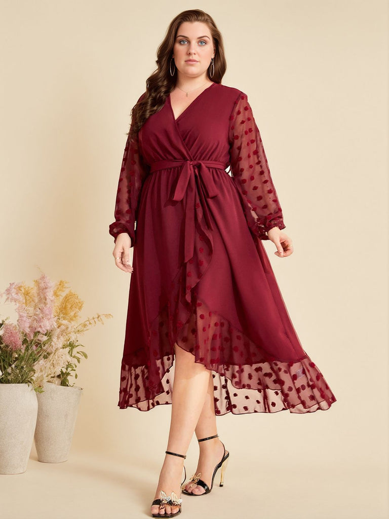[Plus Size] Wine Red 1940s V-Neck Mesh Belted Dress