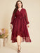 [Plus Size] Wine Red 1940s V-Neck Mesh Belted Dress