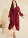 [Plus Size] Wine Red 1940s V-Neck Mesh Belted Dress