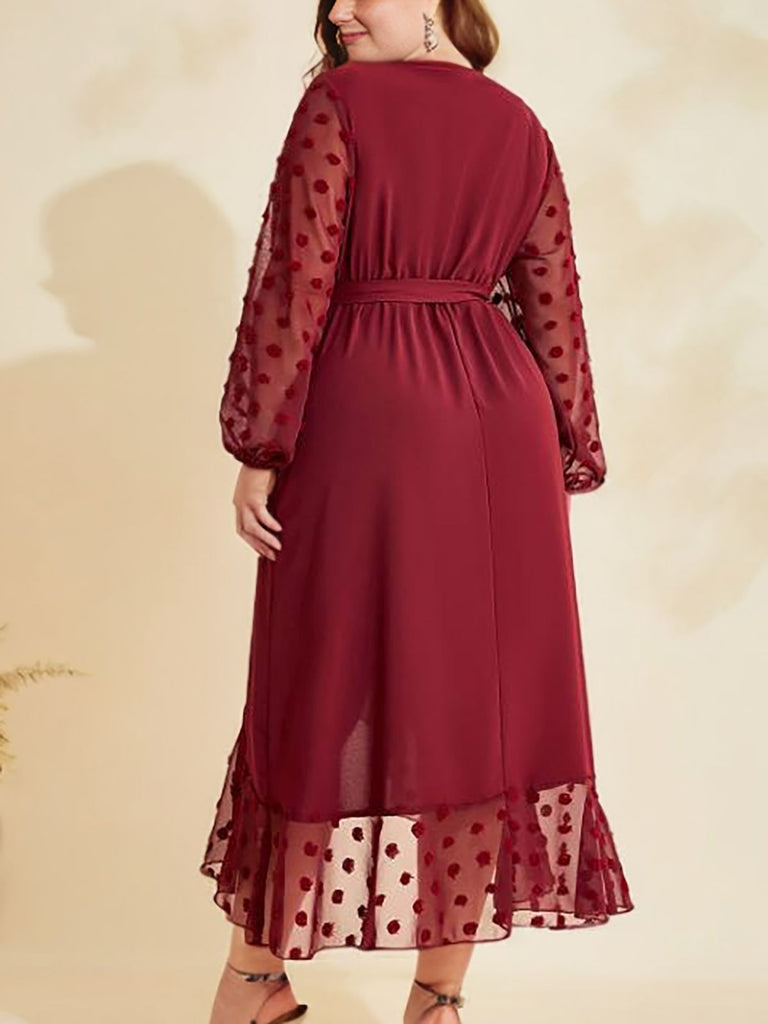 [Plus Size] Wine Red 1940s V-Neck Mesh Belted Dress