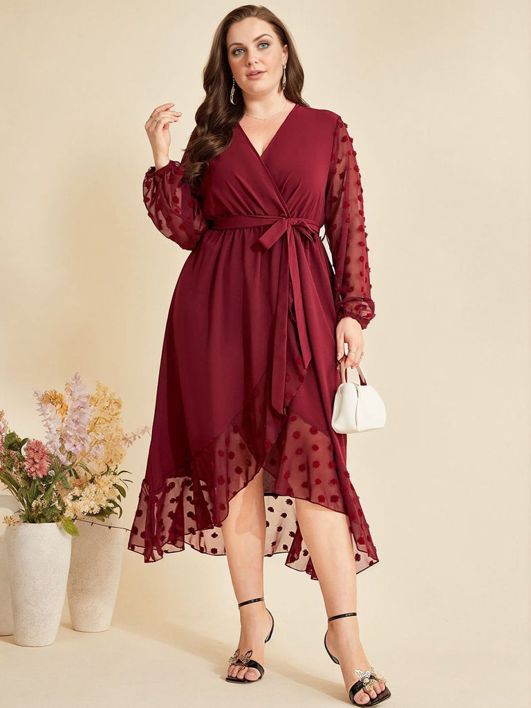 [Plus Size] Wine Red 1940s V-Neck Mesh Belted Dress