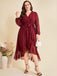 [Plus Size] Wine Red 1940s V-Neck Mesh Belted Dress
