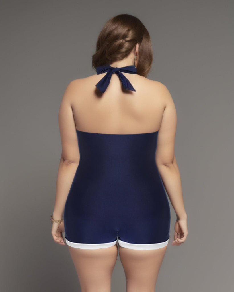 Maillot de bain bleu marine à licou plissé années 1950 grande taille