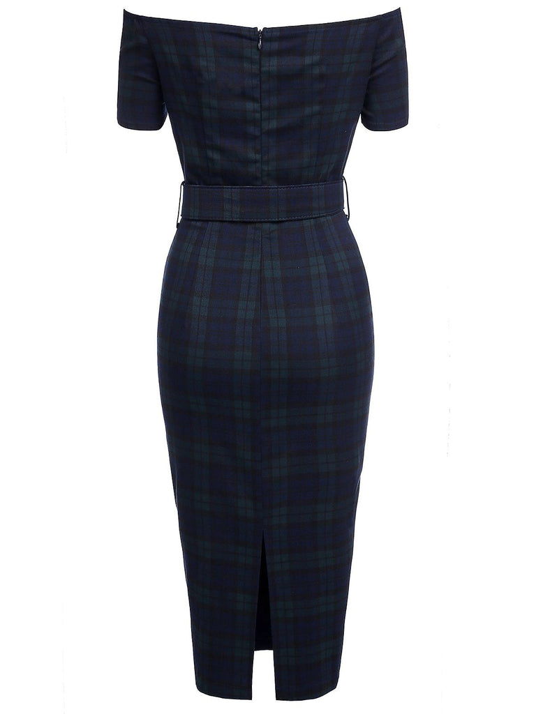 Robe Crayon Vintage Bleu Année 60 À Carreaux Cocktail Pin up