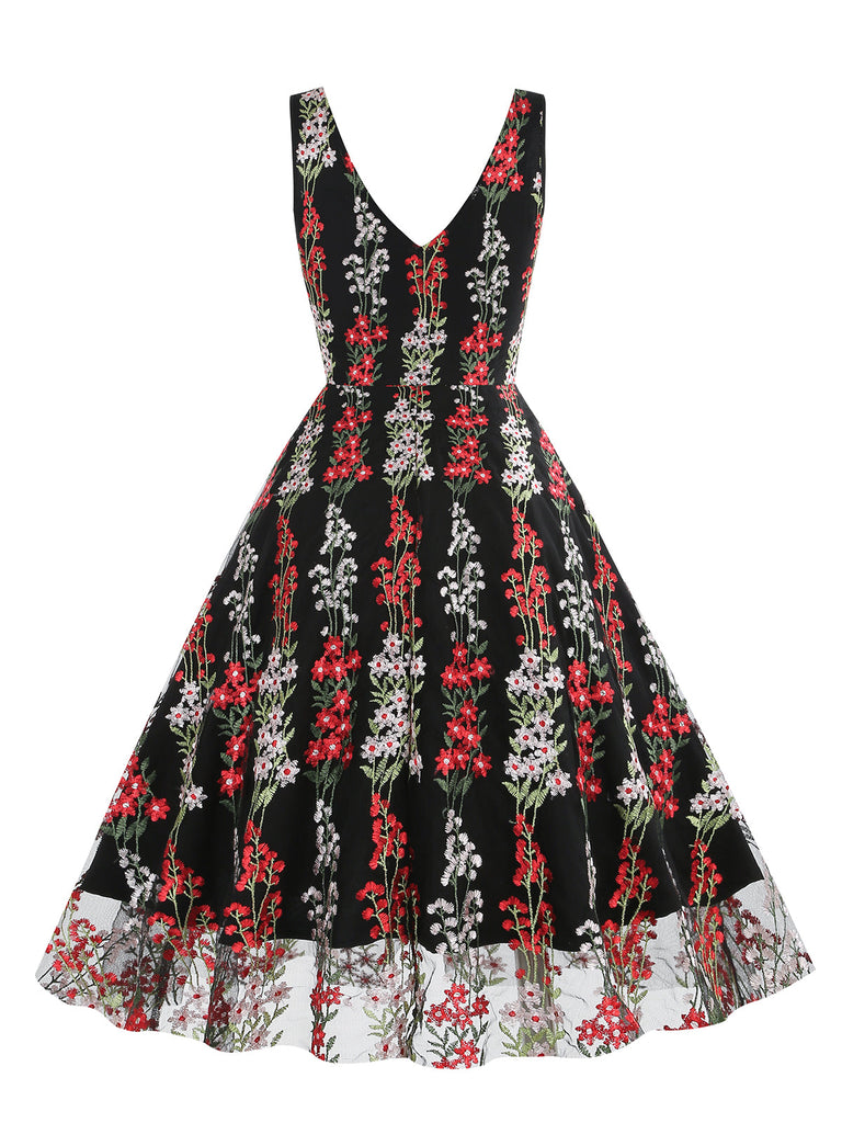 1950s Embroidered Floral V-Neck Swing Dress