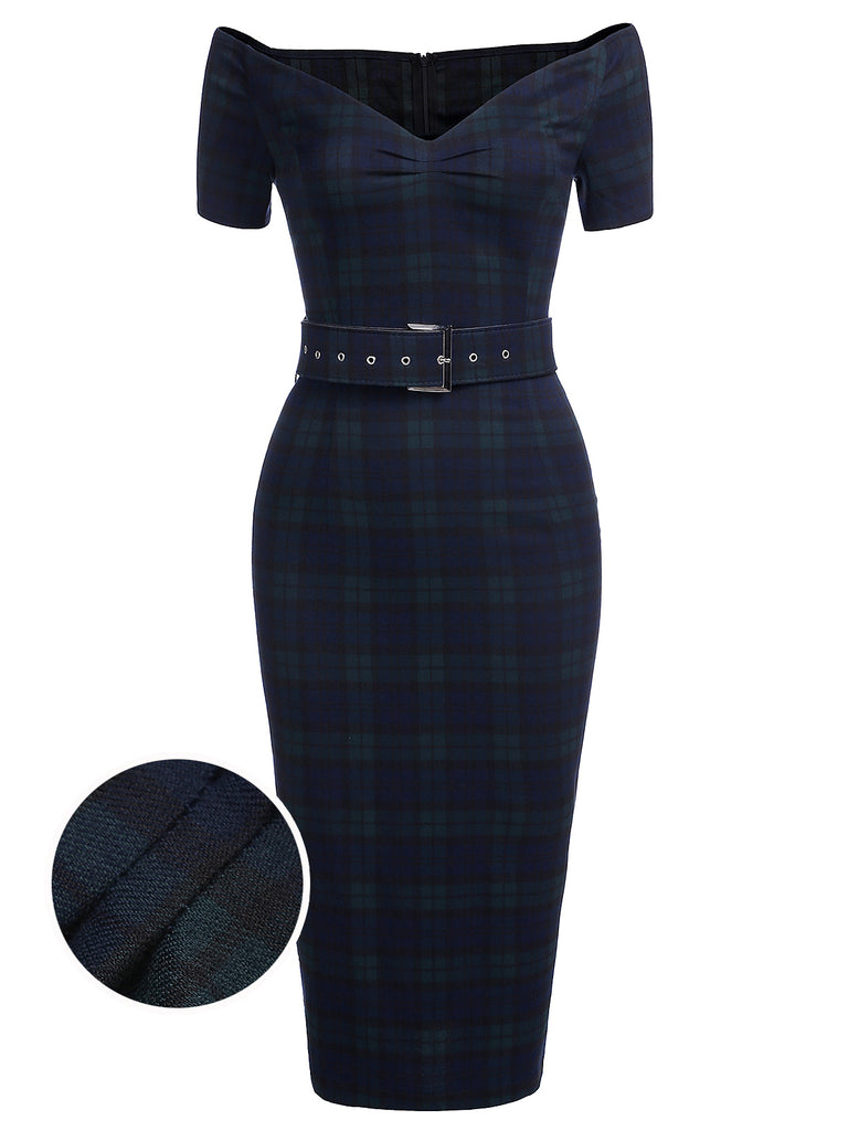 Robe Crayon Vintage Bleu Année 60 À Carreaux Cocktail Pin up