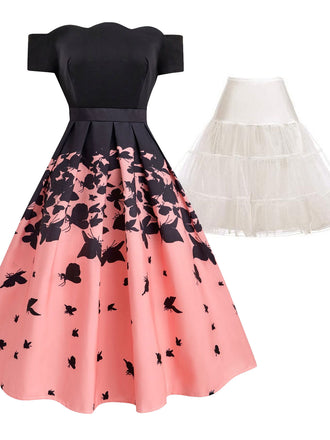 2PCS Robe Swing Années 50 Papillon & Jupon Blanc