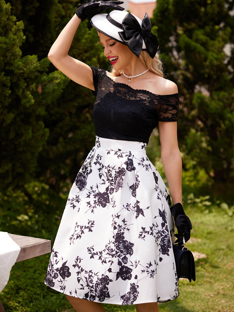 Robe Vintage Année 50 Noir Épaule Nue Dentelle Patchwork Soirée Cocktail