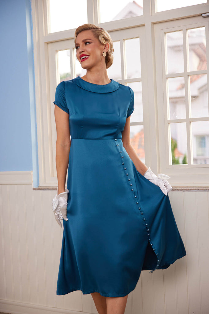 Robe Vintage Année 40 Bleu avec Boutons Perles Couleur Solide Chic