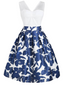 Robe Swing Vintage Année 50 Floral En Dentelle Bleu et Blanc