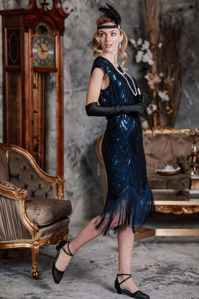 Robe Charleston Vintage Année 20 Gatsby à Franges Paillettes Soirée Cocktail