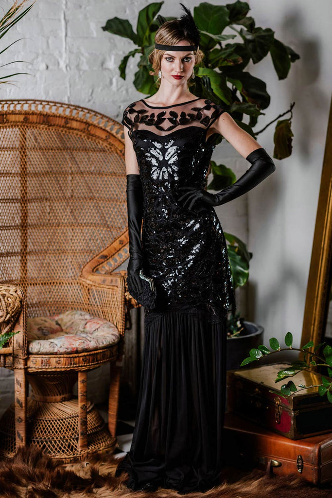 Robe Charleston Vintage Flapper Année 20 Gatsby Maxi à Paillettes Noire Soirée