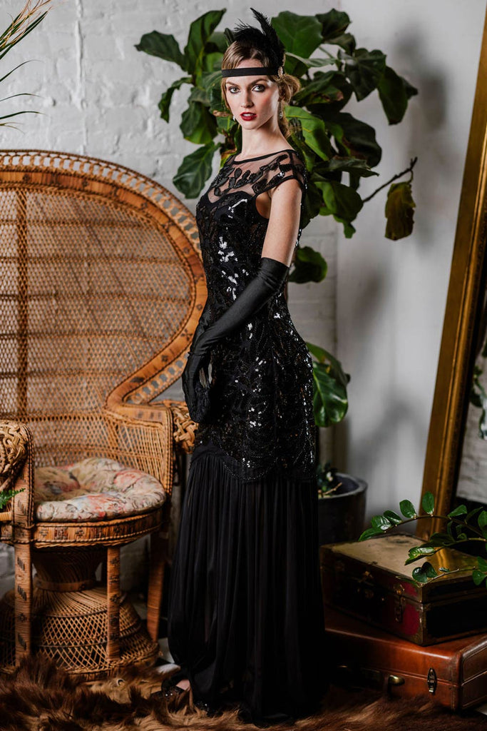 Robe Charleston Vintage Flapper Année 20 Gatsby Maxi à Paillettes Noire Soirée