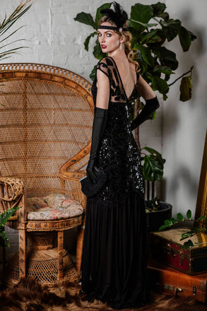 Robe Charleston Vintage Flapper Année 20 Gatsby Maxi à Paillettes Noire Soirée