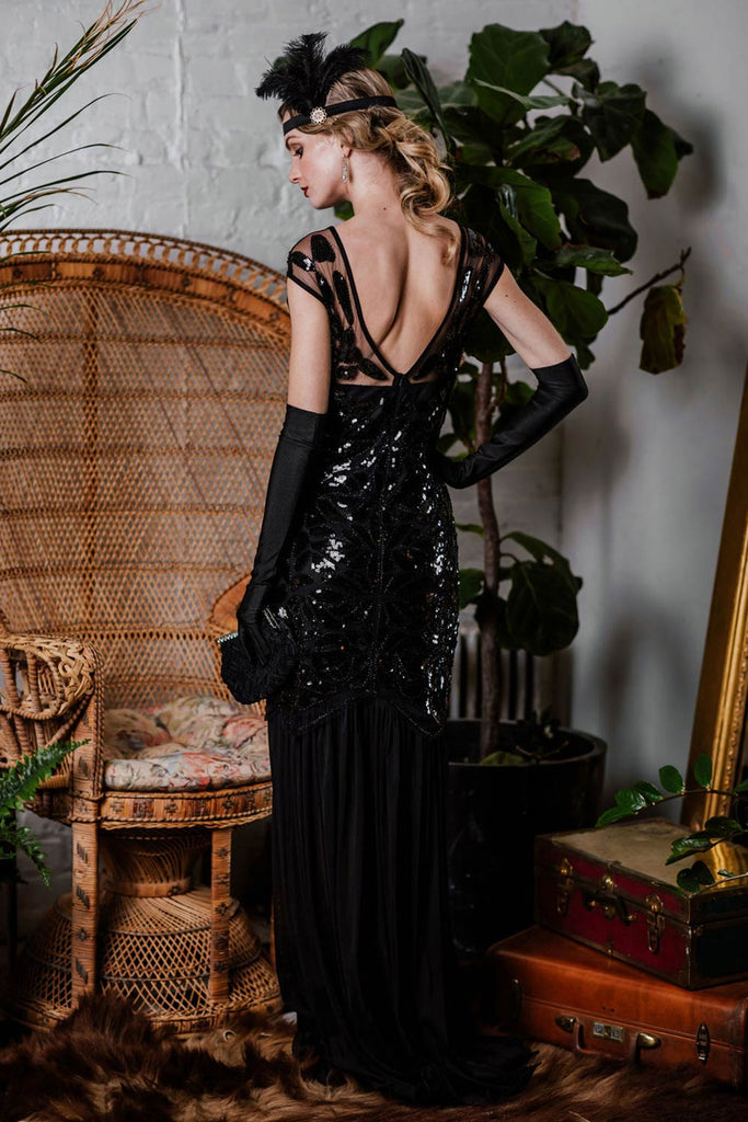 Robe Charleston Vintage Flapper Année 20 Gatsby Maxi à Paillettes Noire Soirée