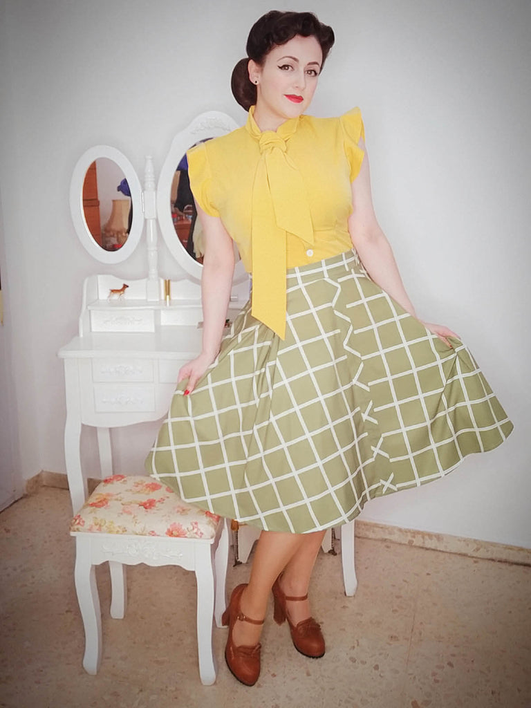 2PCS Années 50 Chemise Jaune & Jupe Vert