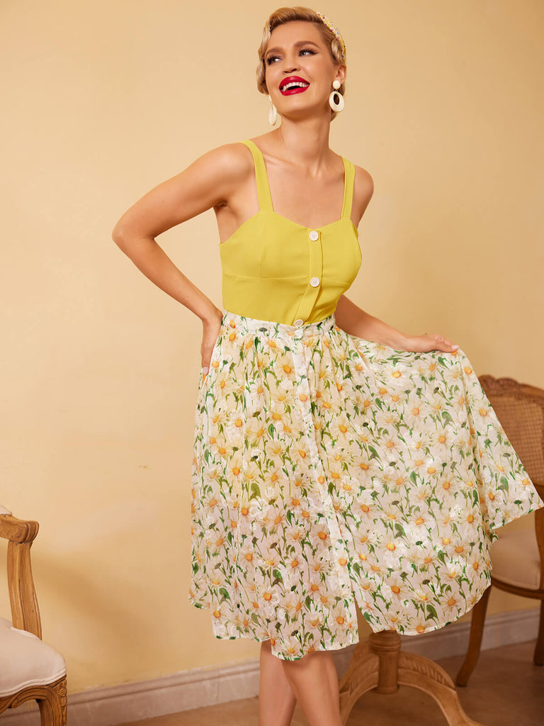 2PCS Jupe à Fleurs et Combinaison à Bretelle Vintage Jaune Pin Up