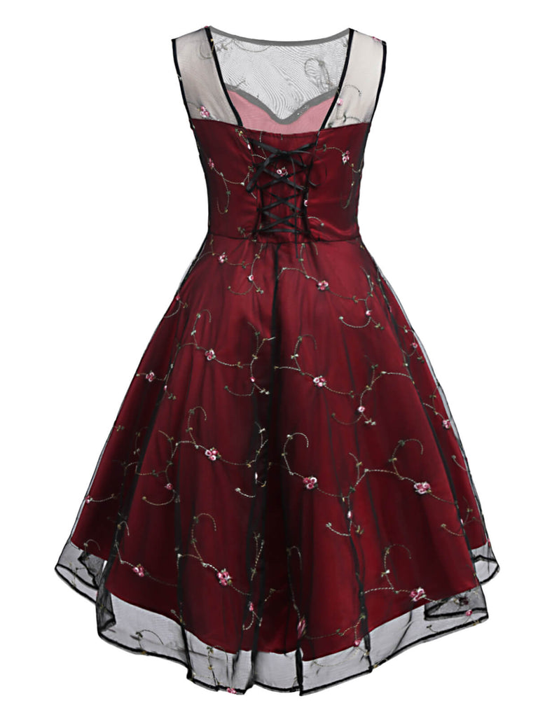 Robe Vintage Année 50 Floral En Dentelle Bordeaux Soirée Cocktail Pin Up