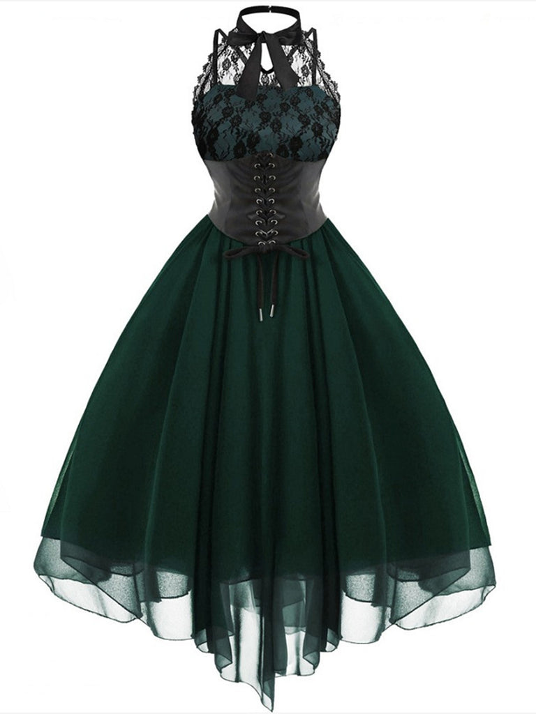 Robe de Vampire Déguisement Gothique Steampunk en Dentelle Vert foncé