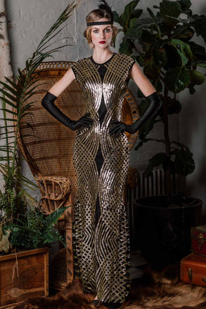 Robe Charleston Vintage Cocktail Année 20 Gatsby Longue Dorés à Sequins