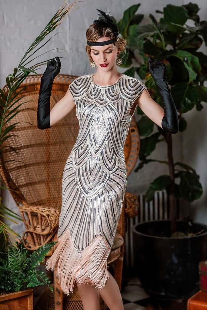 Robe Charleston Vintage Année 20 Gatsby à Franges Paillettes Soirée Cocktail