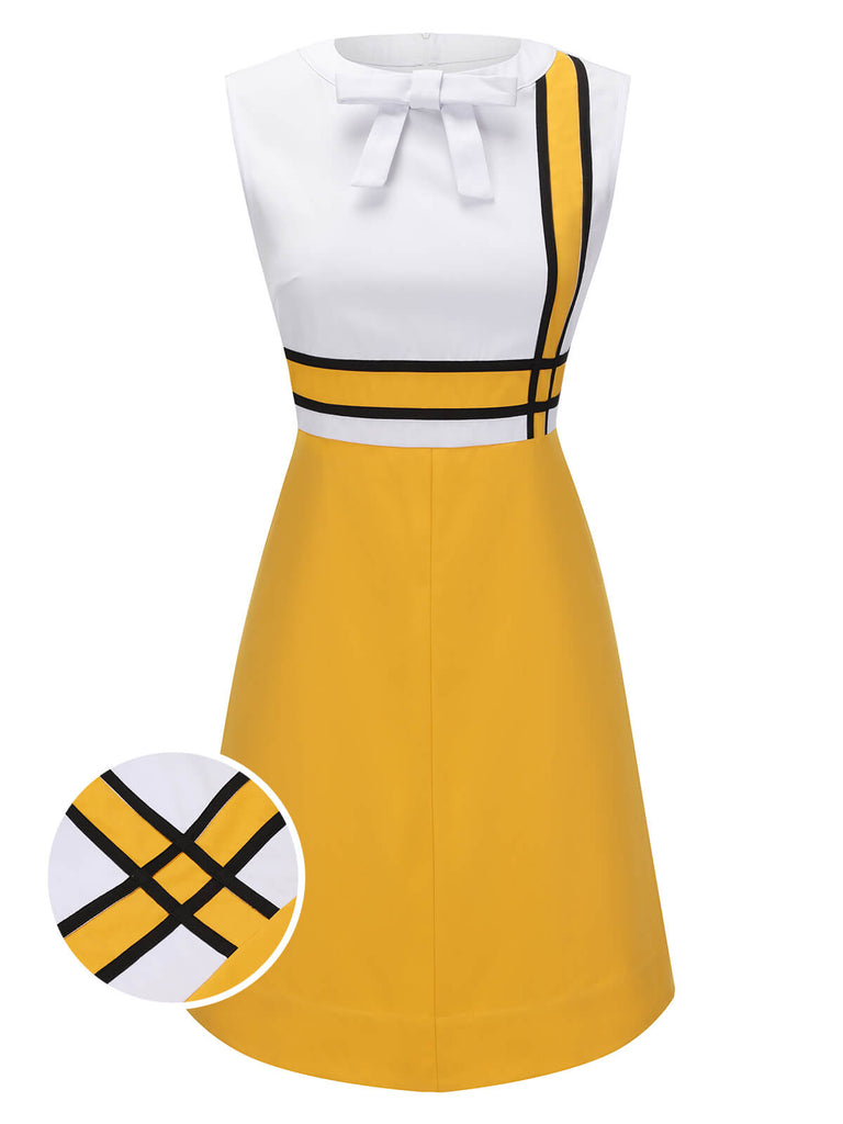 Robe blanche et jaune patchwork nœud papillon des années 1960