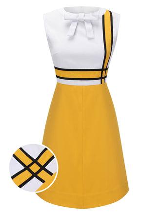 Robe blanche et jaune patchwork nĆud papillon des annĂ©es 1960