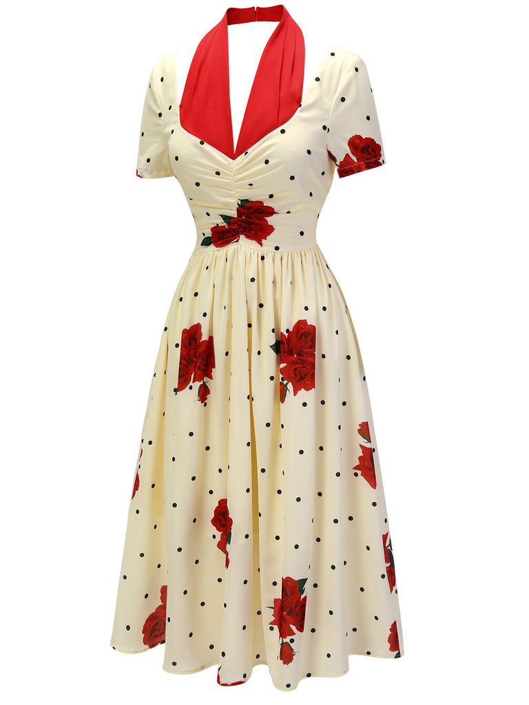 Robe beige à pois roses dos nu des années 1930