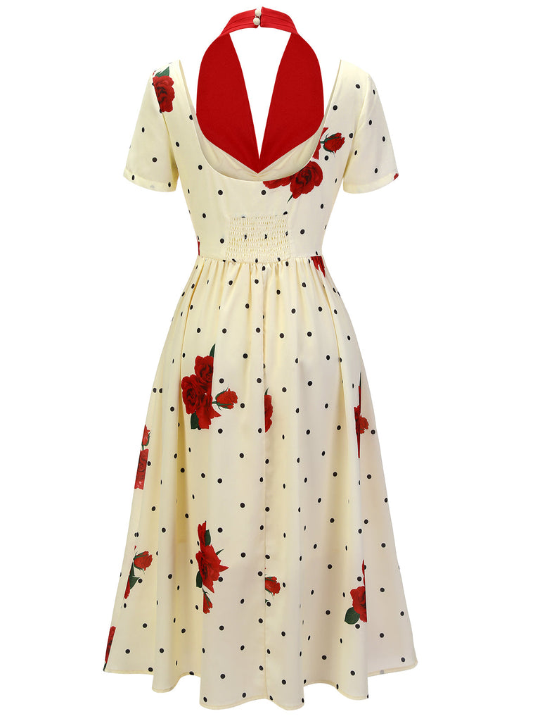 Robe beige à pois roses dos nu des années 1930