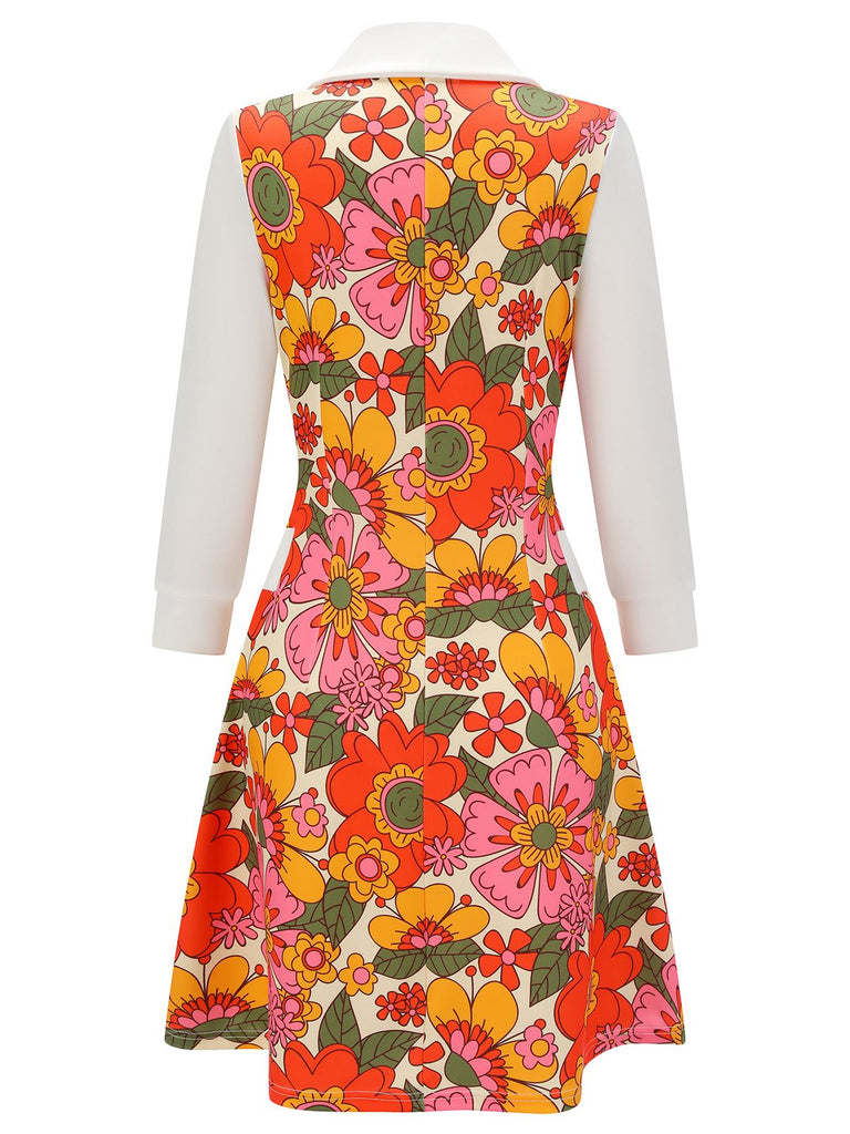 Robe patchwork de fleurs à revers orange des années 1960