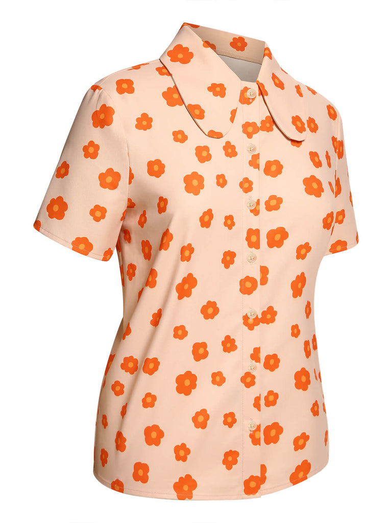 Chemise à manches courtes à fleurs orange des années 1960