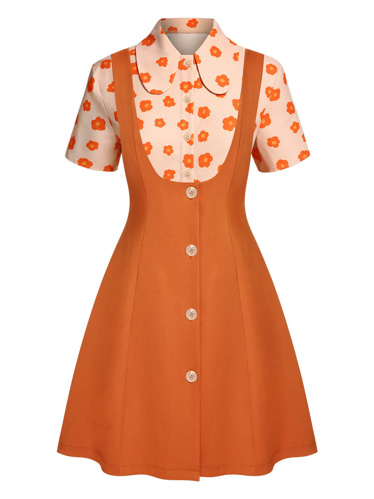 2PCS Chemise et jupe à fleurs orange années 1960