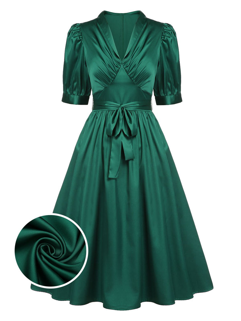 Robe en satin à col en V et ceinture à lacets vert foncé 1940s