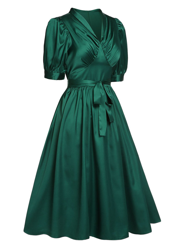 Robe en satin à col en V et ceinture à lacets vert foncé 1940s