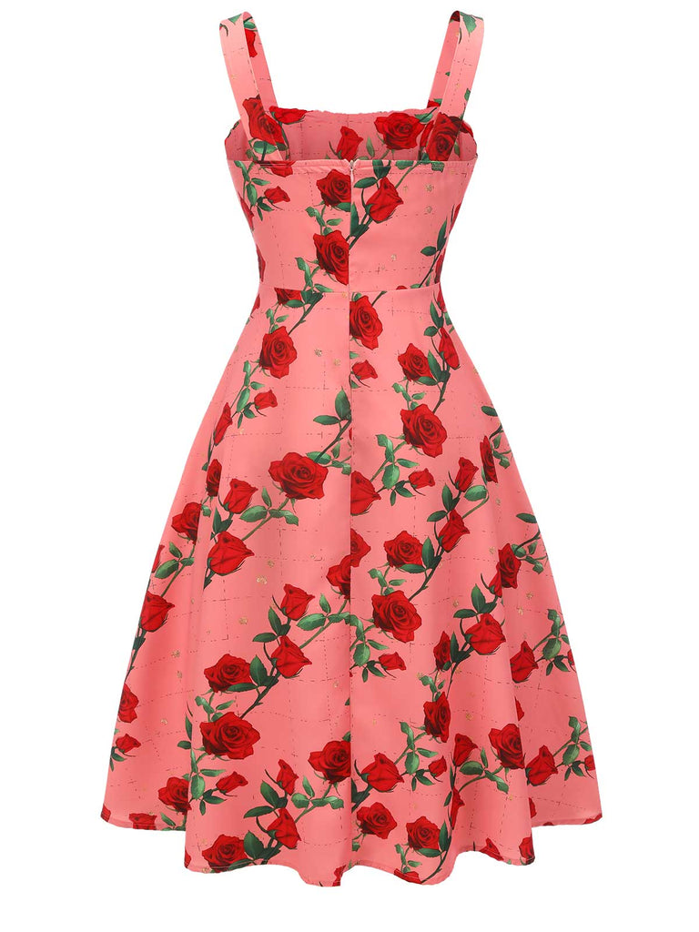 Robe à Bretelles Taille Haute Plissée Roses 1950s