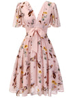 Robe rose à col en V et nœud papillon à fleurs et oiseaux