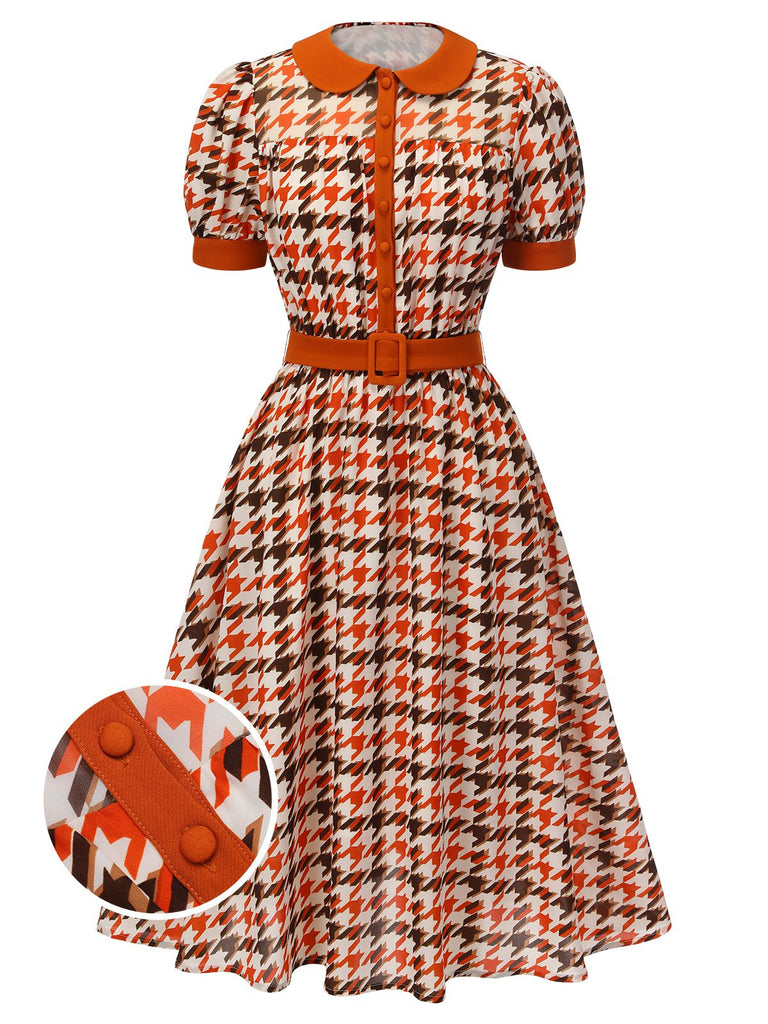 Robe à col claudine pied-de-poule orange des années 1940