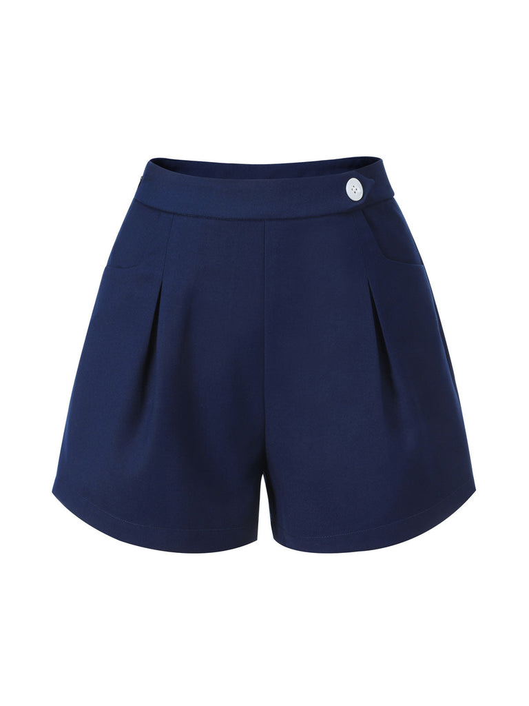 Short bleu marine à boutons unis des années 1950