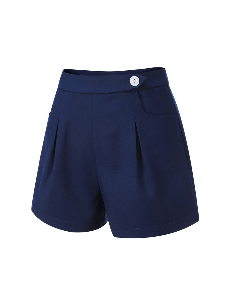 Short bleu marine à boutons unis des années 1950