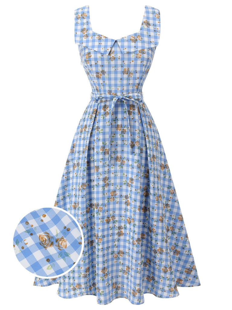 Robe bleue à lacets à carreaux roses des années 1940