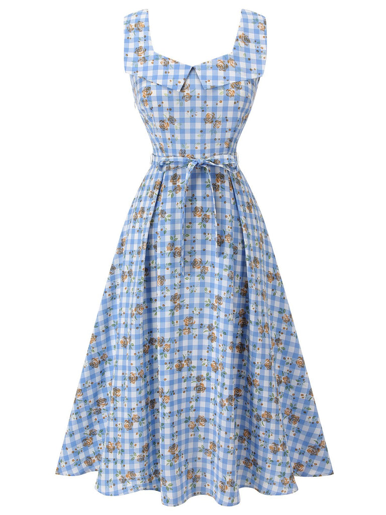 Robe bleue à lacets à carreaux roses des années 1940