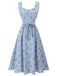 Robe bleue à lacets à carreaux roses des années 1940