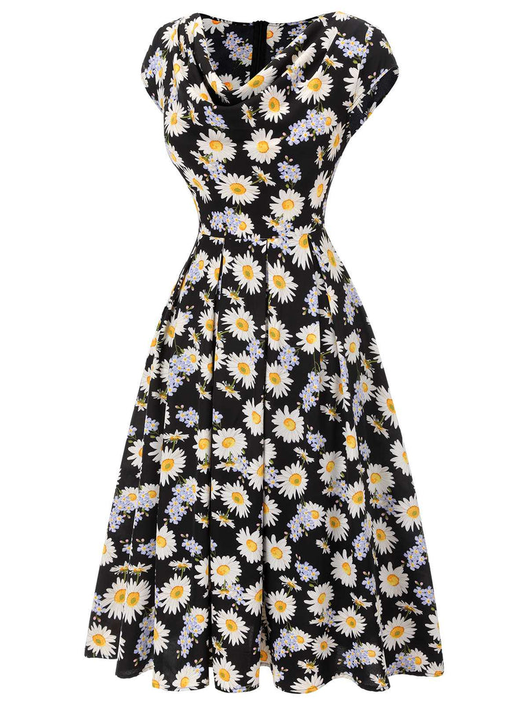 Robe marguerite noire col oscillant à mancherons années 1940