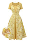 Robe patchwork rose à carreaux jaune des années 1950