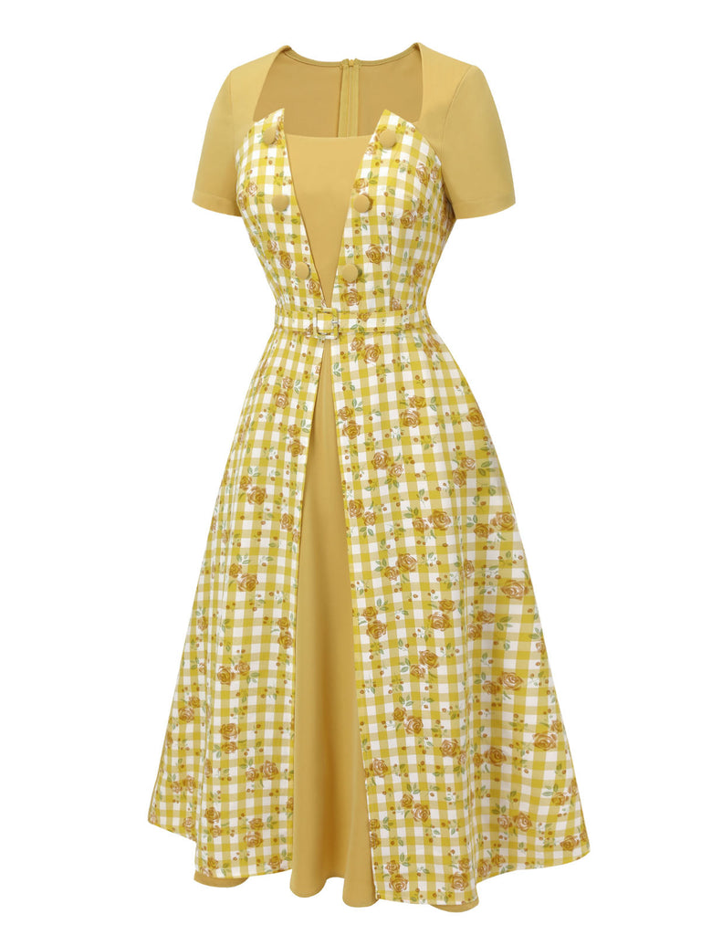 Robe patchwork rose à carreaux jaune des années 1950