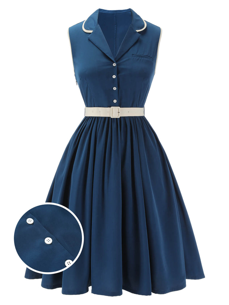 Robe à revers sans manches bleu marine des années 1960